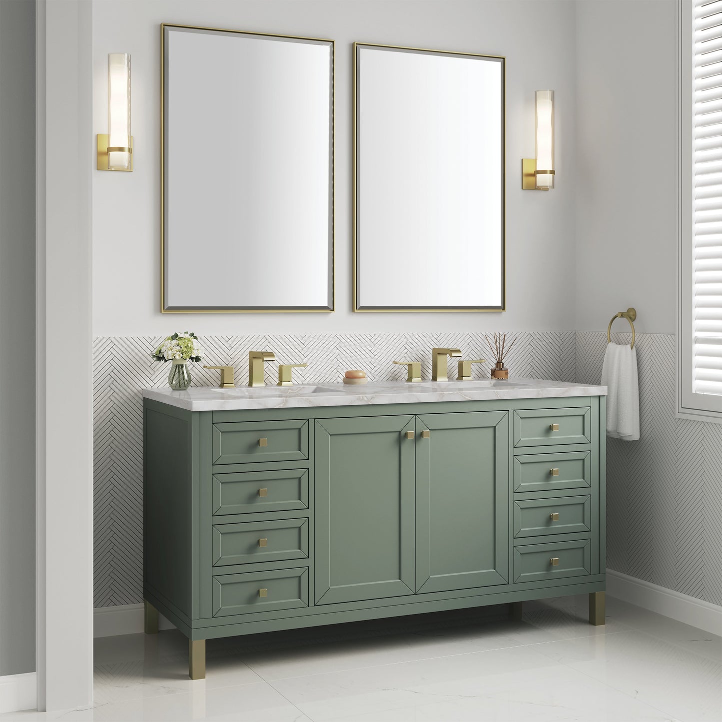 James Martin Vanities Chicago 60" Smokey Celadon Double Vanity With 3 cm Victorian Silver Top