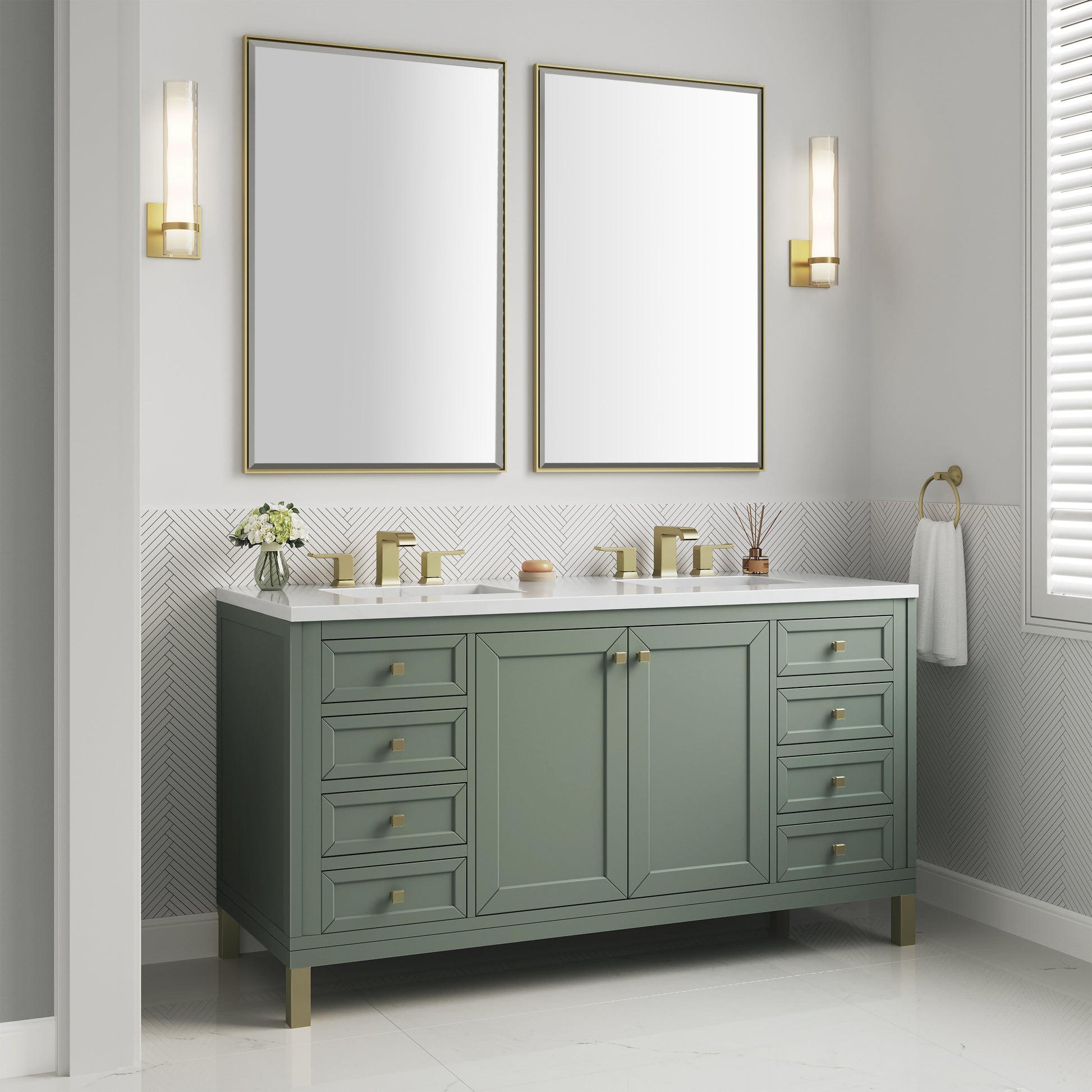 James Martin Vanities Chicago 60" Smokey Celadon Double Vanity With 3 cm White Zeus Top