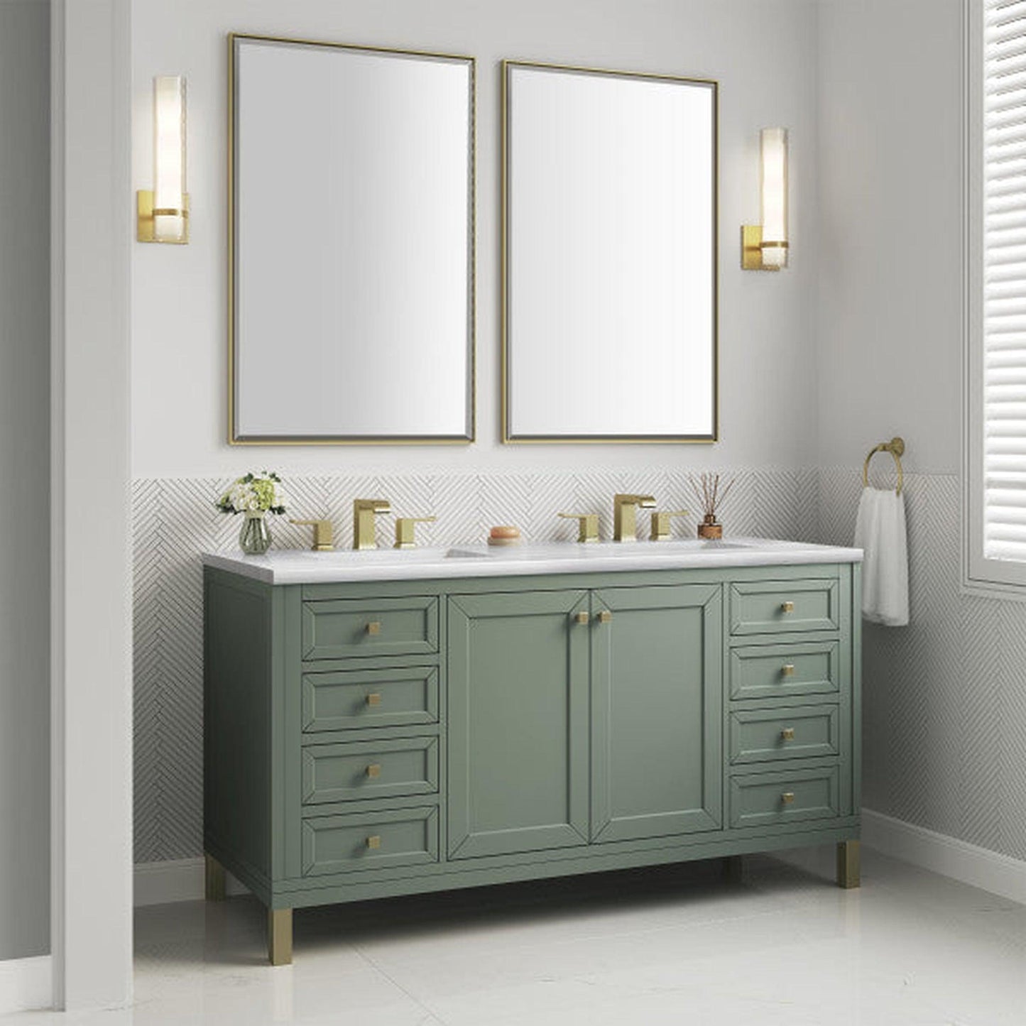 James Martin Vanities Chicago 60" Smokey Celadon Double Vanity With 3cm Arctic Fall Top