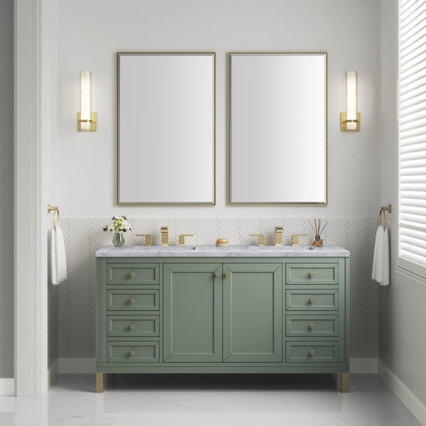 James Martin Vanities Chicago 60" Smokey Celadon Double Vanity With 3cm Carrara Marble Top