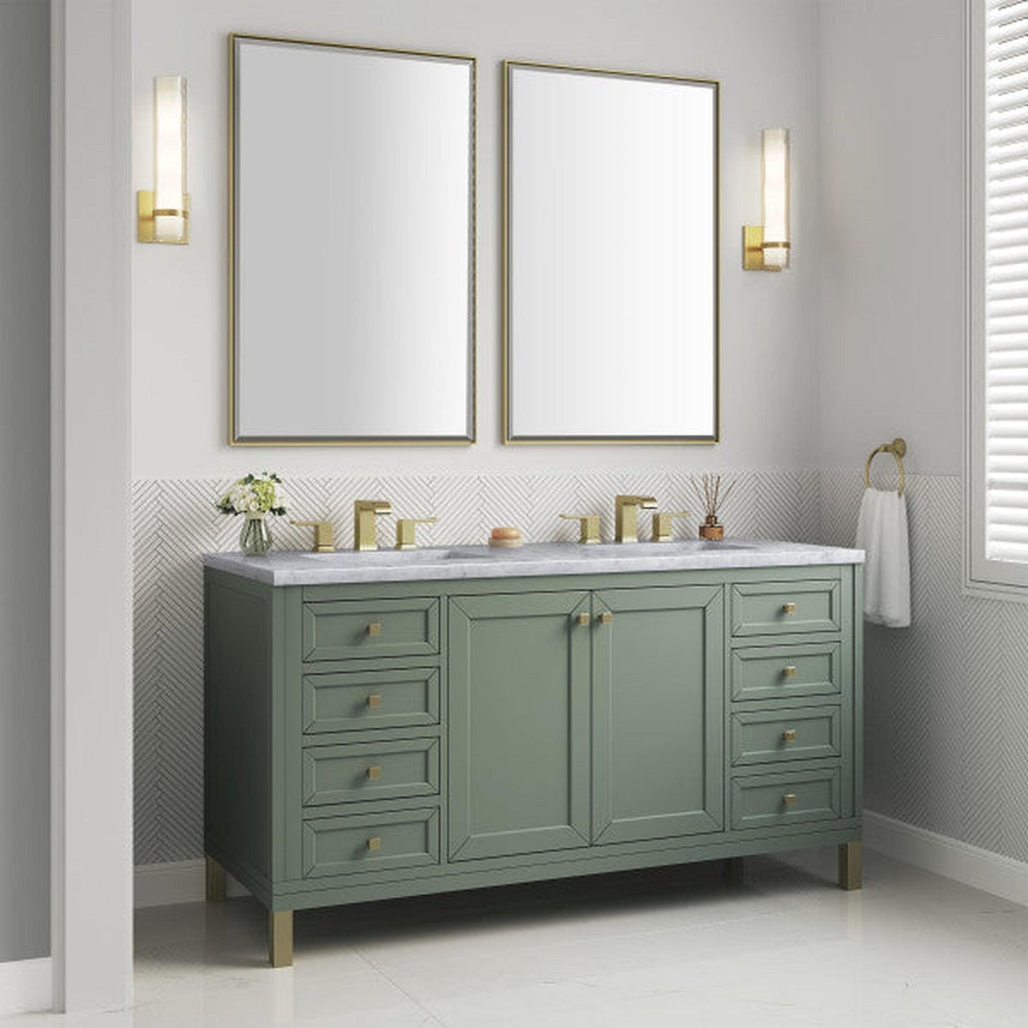 James Martin Vanities Chicago 60" Smokey Celadon Double Vanity With 3cm Carrara Marble Top