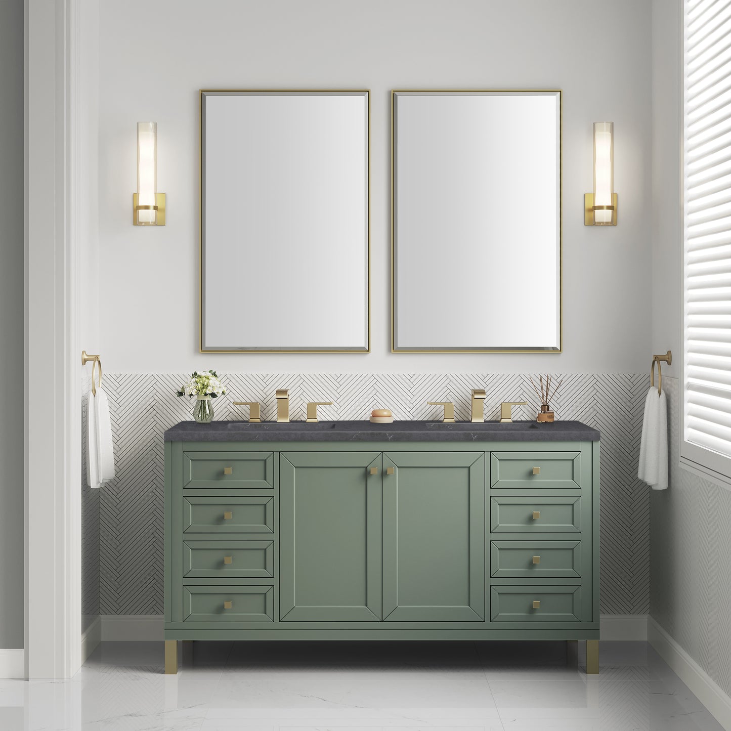 James Martin Vanities Chicago 60" Smokey Celadon Double Vanity With 3cm Charcoal Soapstone Silestone Top