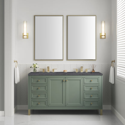 James Martin Vanities Chicago 60" Smokey Celadon Double Vanity With 3cm Charcoal Soapstone Silestone Top