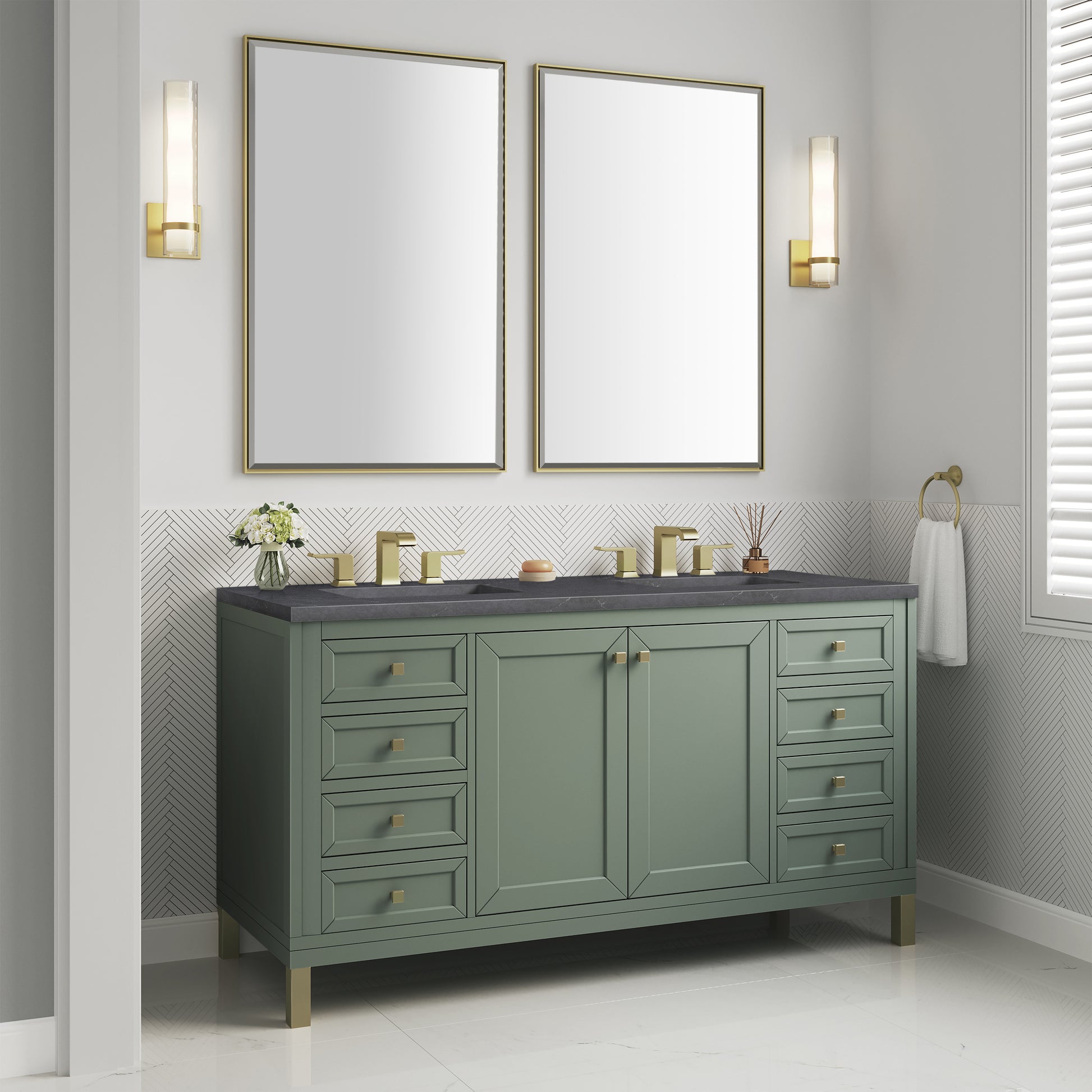 James Martin Vanities Chicago 60" Smokey Celadon Double Vanity With 3cm Charcoal Soapstone Silestone Top