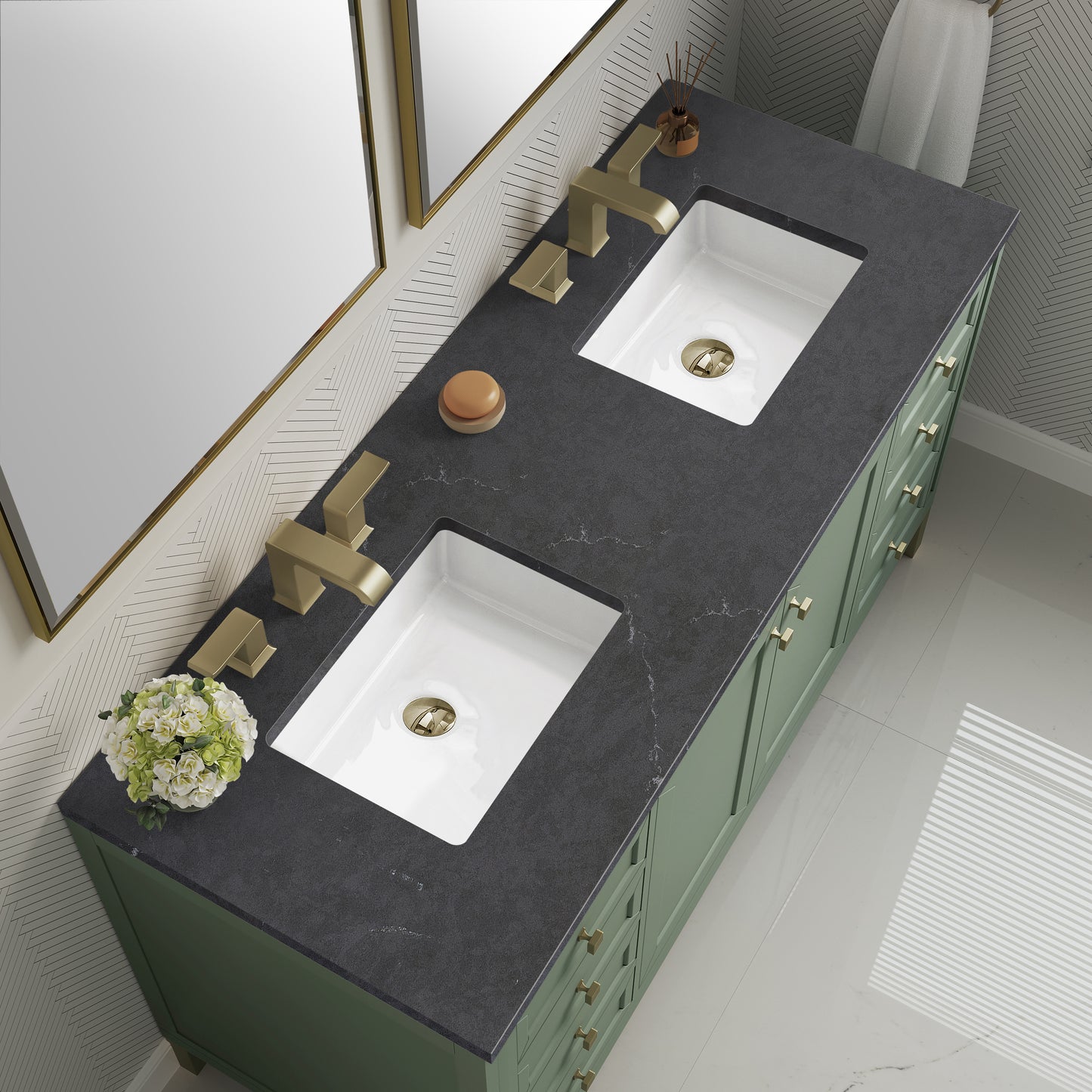 James Martin Vanities Chicago 60" Smokey Celadon Double Vanity With 3cm Charcoal Soapstone Silestone Top