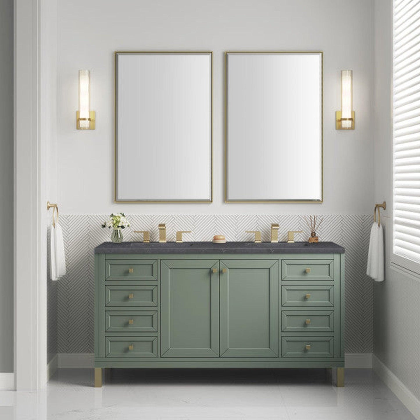 James Martin Vanities Chicago 60" Smokey Celadon Double Vanity With 3cm Charcoal Soapstone Top