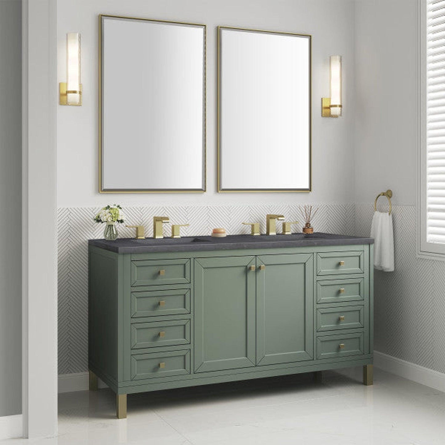 James Martin Vanities Chicago 60" Smokey Celadon Double Vanity With 3cm Charcoal Soapstone Top