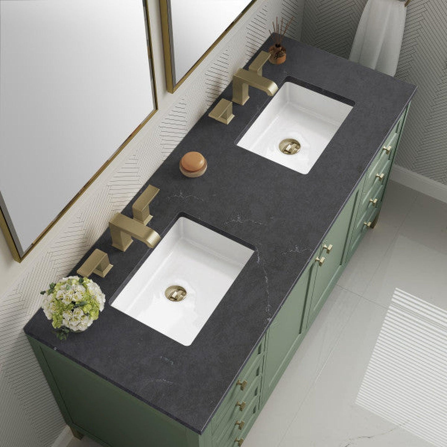 James Martin Vanities Chicago 60" Smokey Celadon Double Vanity With 3cm Charcoal Soapstone Top