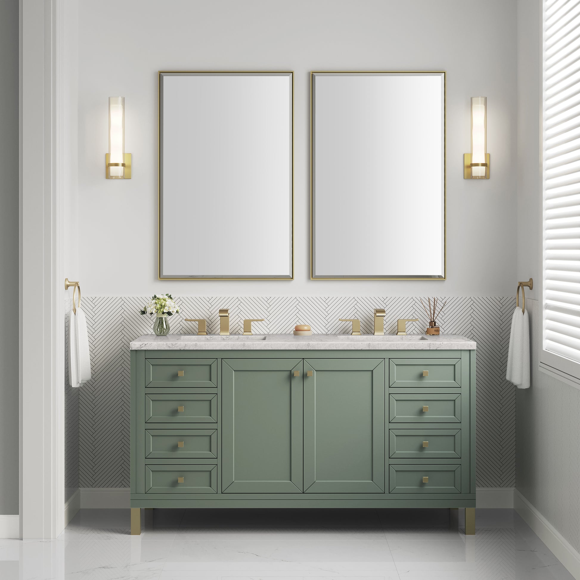 James Martin Vanities Chicago 60" Smokey Celadon Double Vanity With 3cm Eternal Jasmine Pearl Silestone Top