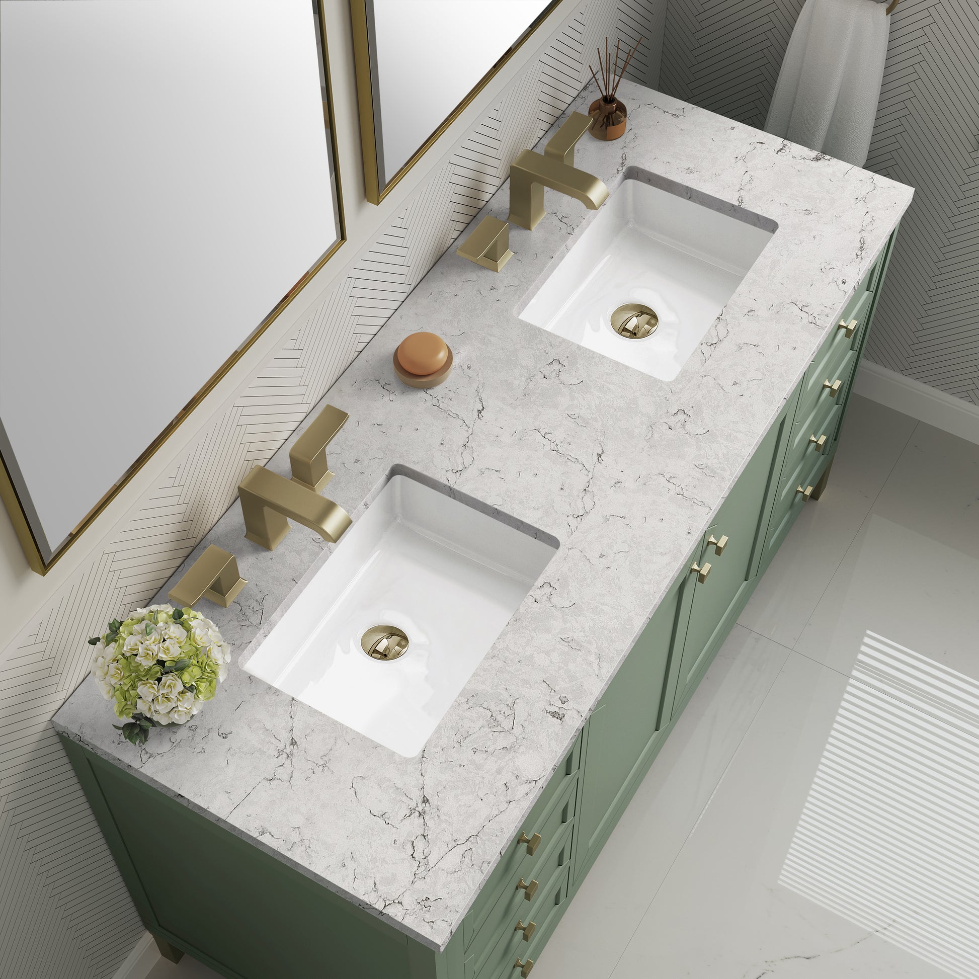 James Martin Vanities Chicago 60" Smokey Celadon Double Vanity With 3cm Eternal Jasmine Pearl Silestone Top