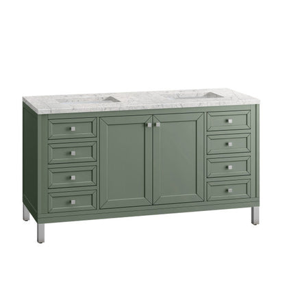 James Martin Vanities Chicago 60" Smokey Celadon Double Vanity With 3cm Eternal Jasmine Pearl Top