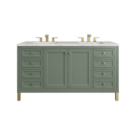 James Martin Vanities Chicago 60" Smokey Celadon Double Vanity With 3cm Eternal Jasmine Pearl Top