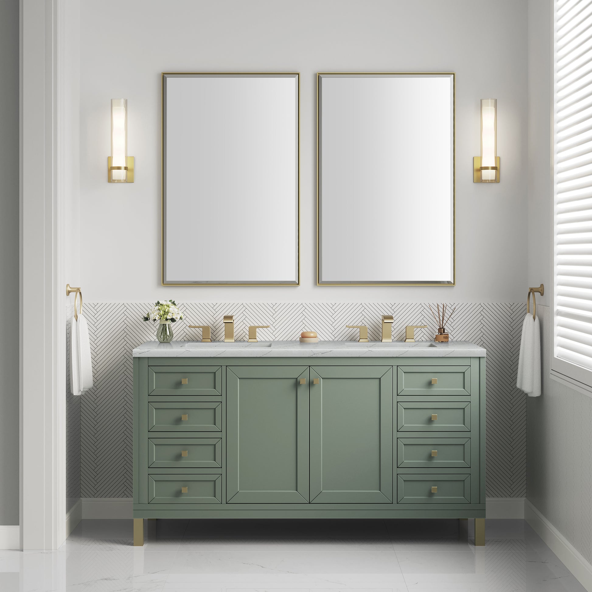 James Martin Vanities Chicago 60" Smokey Celadon Double Vanity With 3cm Ethereal Noctis Silestone Top