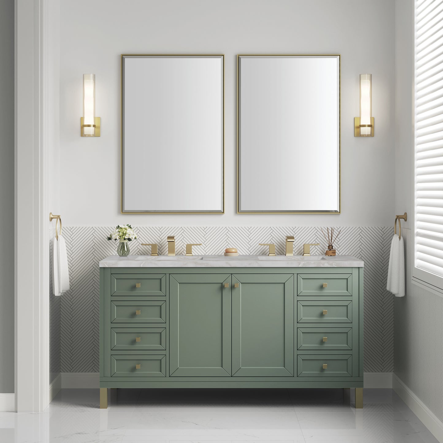 James Martin Vanities Chicago 60" Smokey Celadon Double Vanity With 3cm Victorian Silver Silestone Top