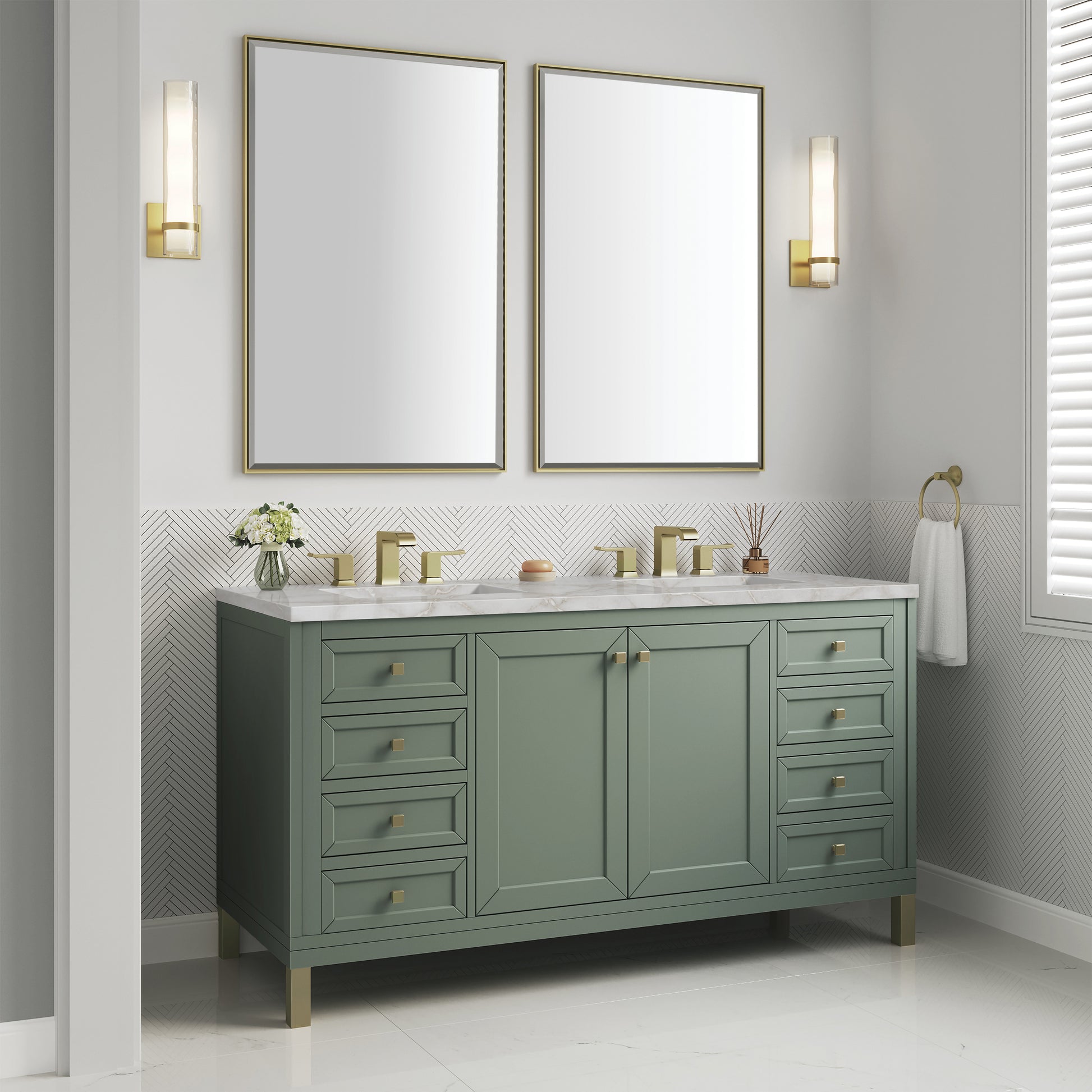 James Martin Vanities Chicago 60" Smokey Celadon Double Vanity With 3cm Victorian Silver Silestone Top