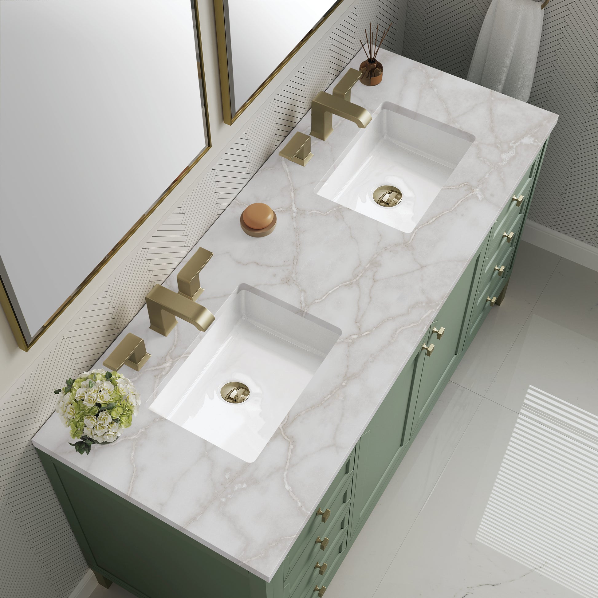 James Martin Vanities Chicago 60" Smokey Celadon Double Vanity With 3cm Victorian Silver Silestone Top