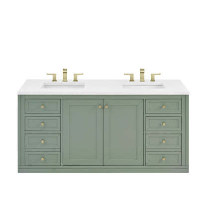 James Martin Vanities Chicago 60" Smokey Celadon Double Vanity With 3cm White Zeus Silestone Top