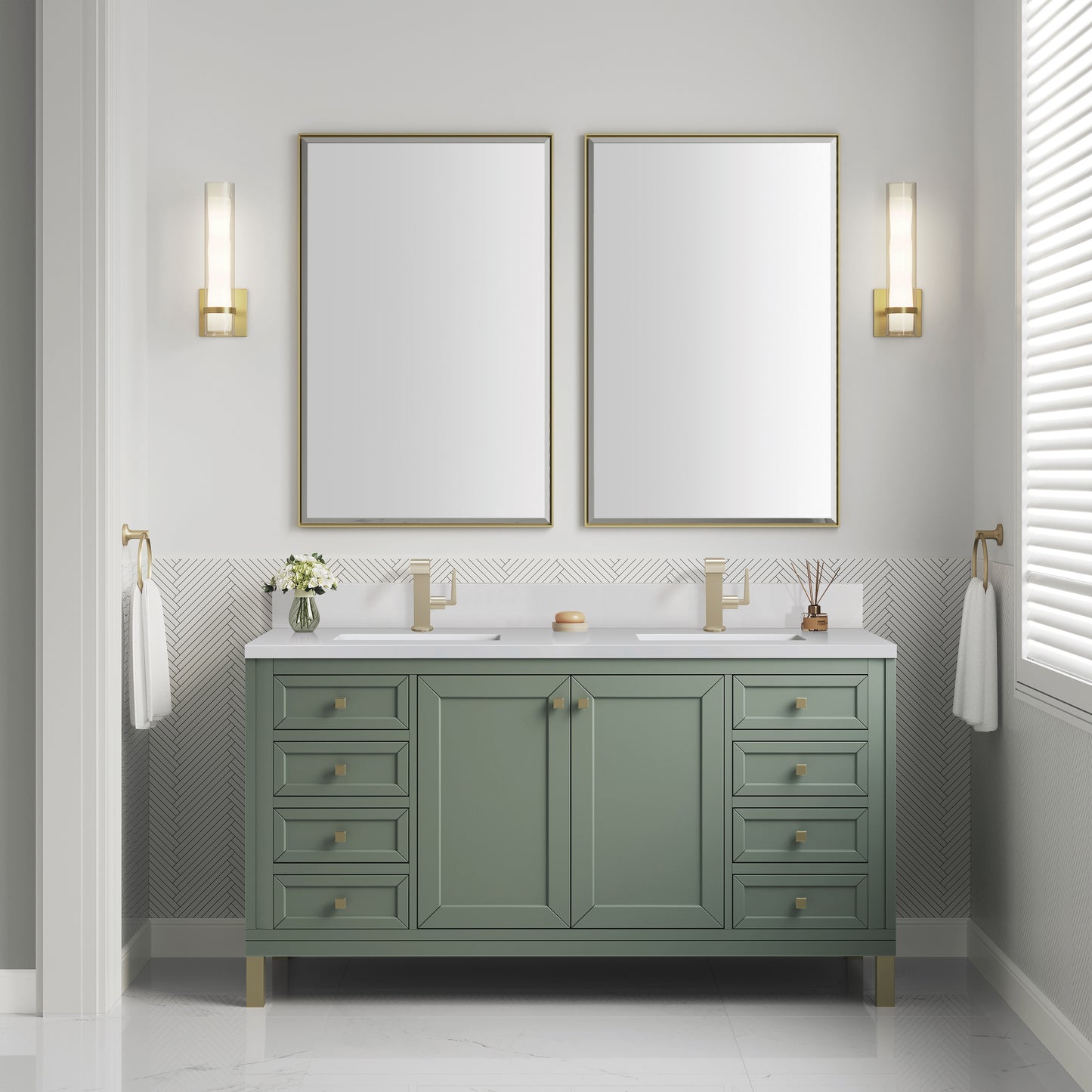James Martin Vanities Chicago 60" Smokey Celadon Double Vanity With Single Hole 3cm White Zeus Silestone Top and Backsplash