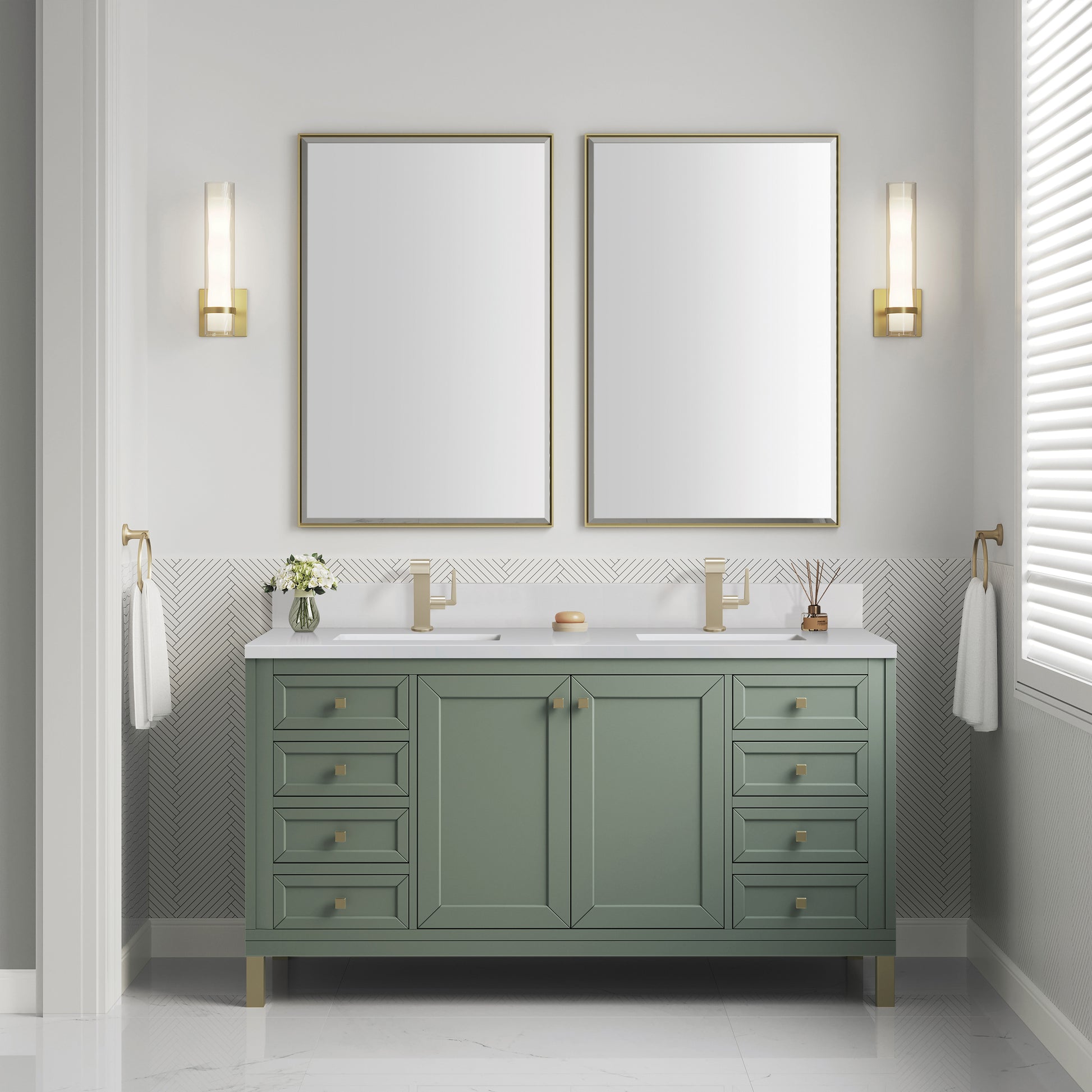 James Martin Vanities Chicago 60" Smokey Celadon Double Vanity With Single Hole 3cm White Zeus Silestone Top and Backsplash