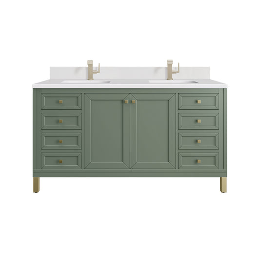 James Martin Vanities Chicago 60" Smokey Celadon Double Vanity With Single Hole 3cm White Zeus Silestone Top and Backsplash