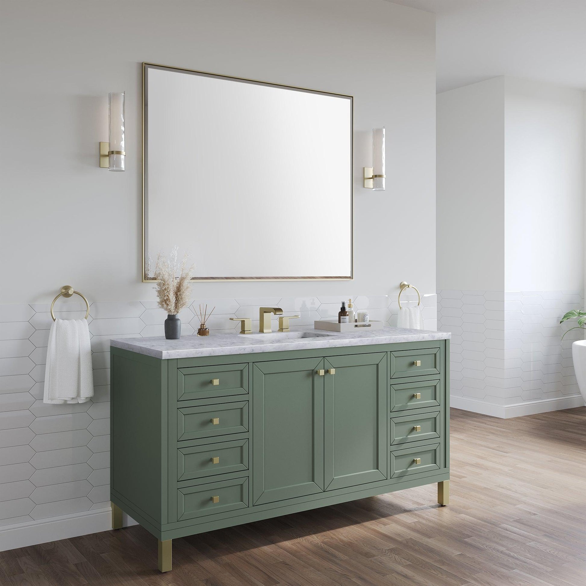 James Martin Vanities Chicago 60" Smokey Celadon Single Vanity With 3cm Carrara Marble Top