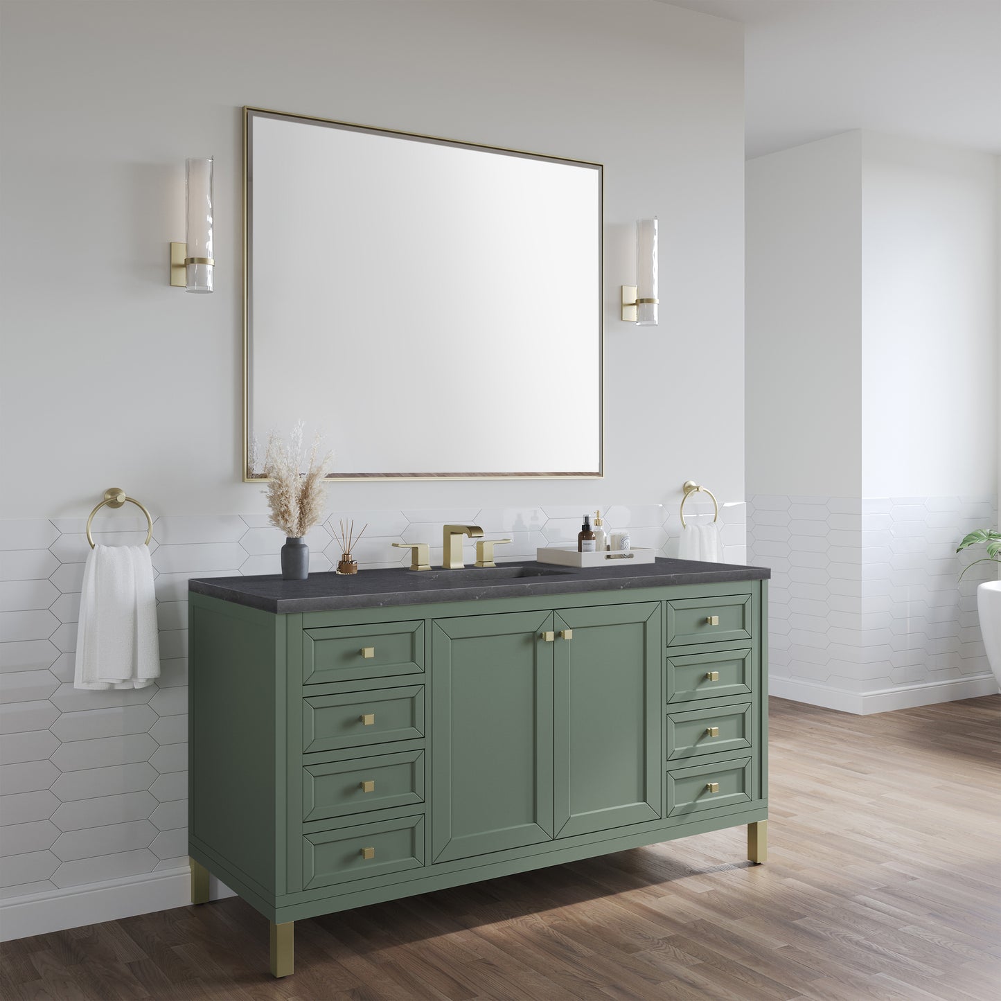 James Martin Vanities Chicago 60" Smokey Celadon Single Vanity With 3cm Charcoal Soapstone Silestone Top