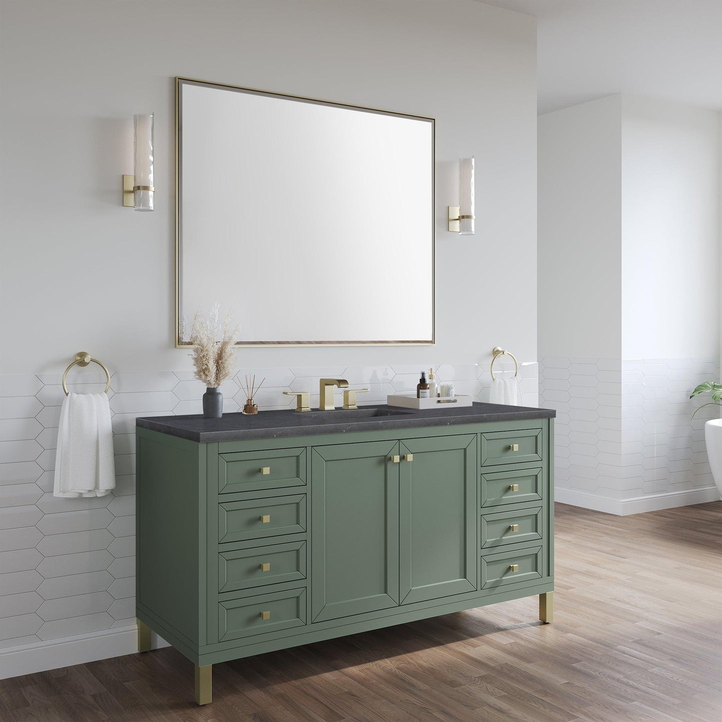 James Martin Vanities Chicago 60" Smokey Celadon Single Vanity With 3cm Charcoal Soapstone Top