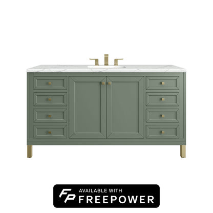 James Martin Vanities Chicago 60" Smokey Celadon Single Vanity With 3cm Ethereal Noctis Silestone Top With FreePower Wireless Charger