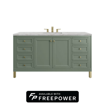 James Martin Vanities Chicago 60" Smokey Celadon Single Vanity With 3cm Victorian Silver Silestone Top With FreePower Wireless Charger