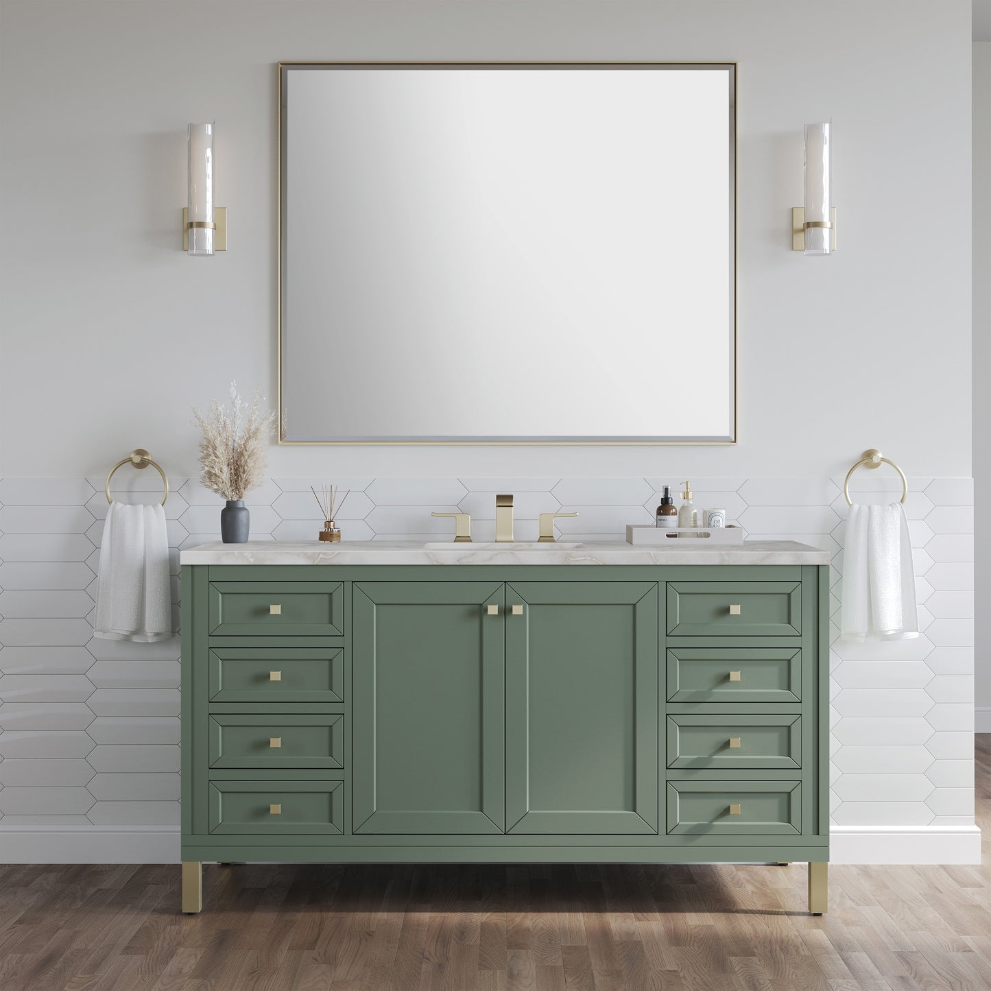 James Martin Vanities Chicago 60" Smokey Celadon Single Vanity With 3cm Victorian Silver Silestone Top With FreePower Wireless Charger