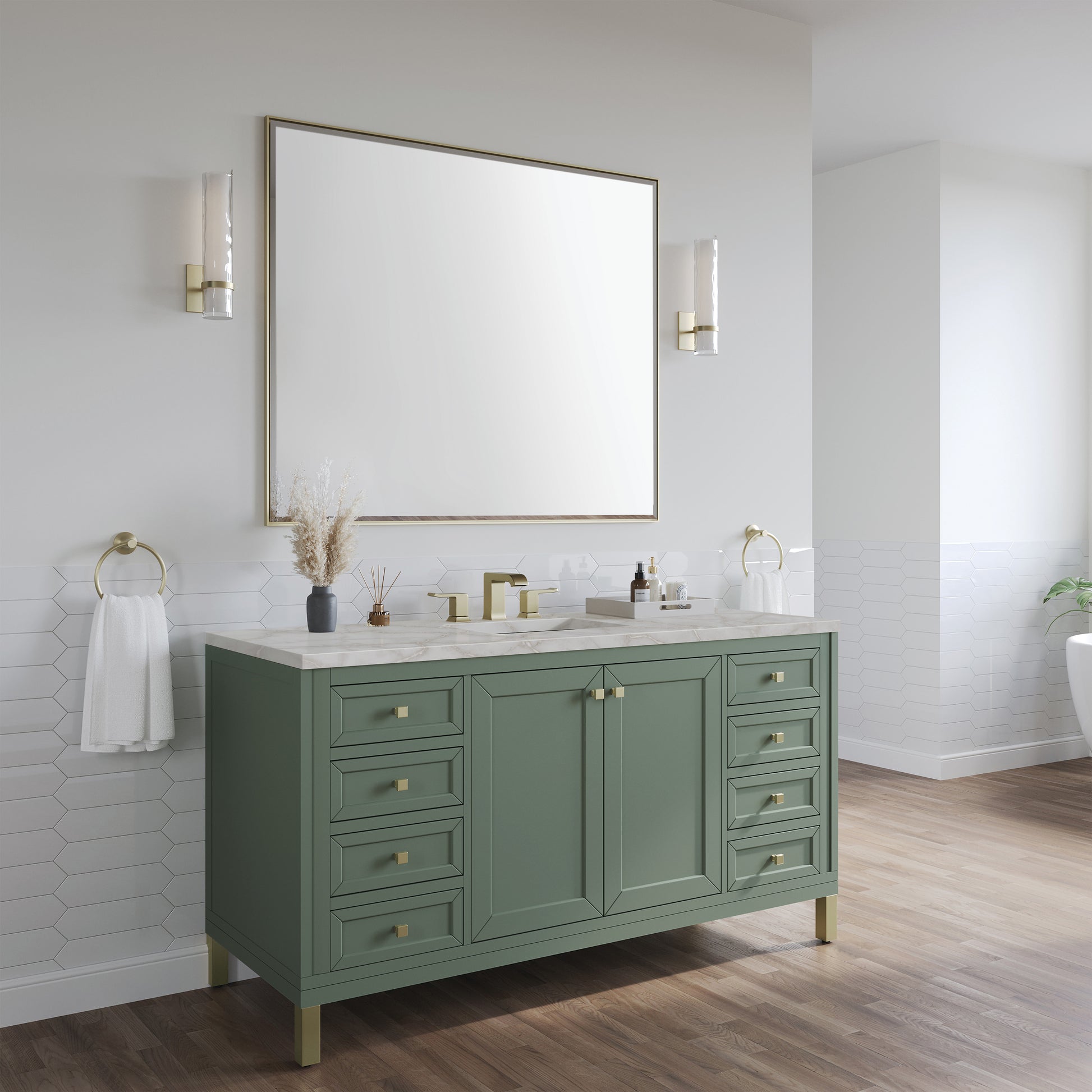 James Martin Vanities Chicago 60" Smokey Celadon Single Vanity With 3cm Victorian Silver Silestone Top With FreePower Wireless Charger