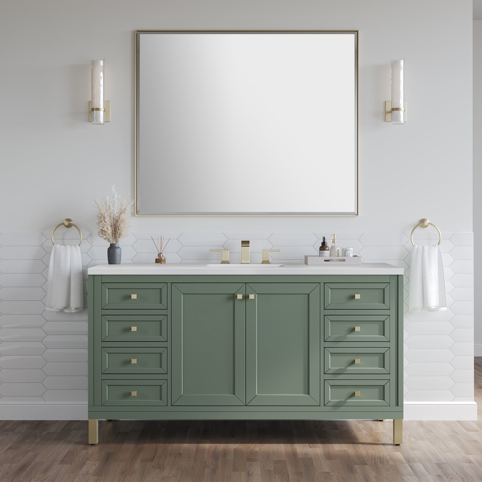 James Martin Vanities Chicago 60" Smokey Celadon Single Vanity With 3cm White Zeus Silestone Top