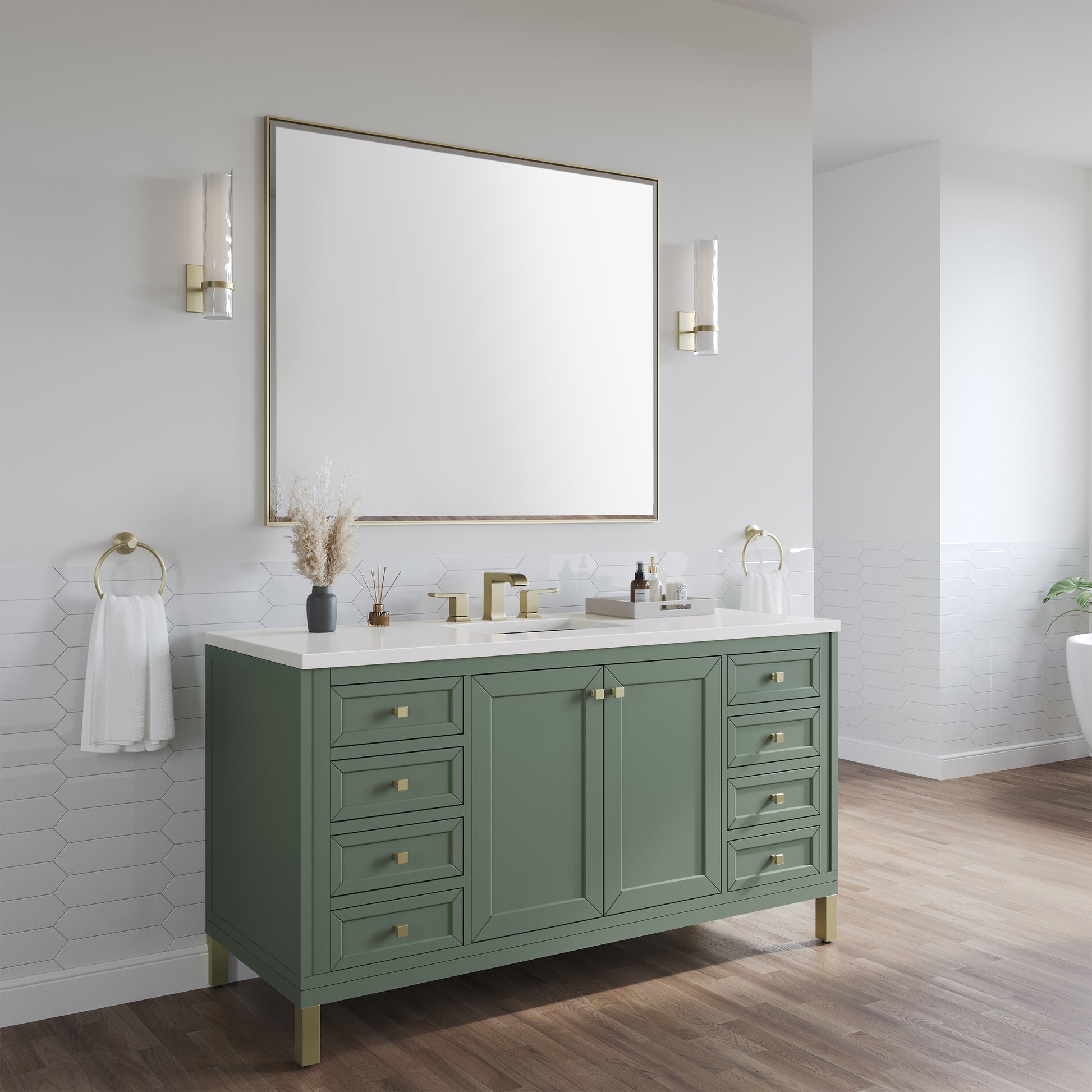 James Martin Vanities Chicago 60" Smokey Celadon Single Vanity With 3cm White Zeus Silestone Top