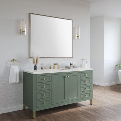James Martin Vanities Chicago 60" Smokey Celadon Single Vanity With 3cm White Zeus Silestone Top