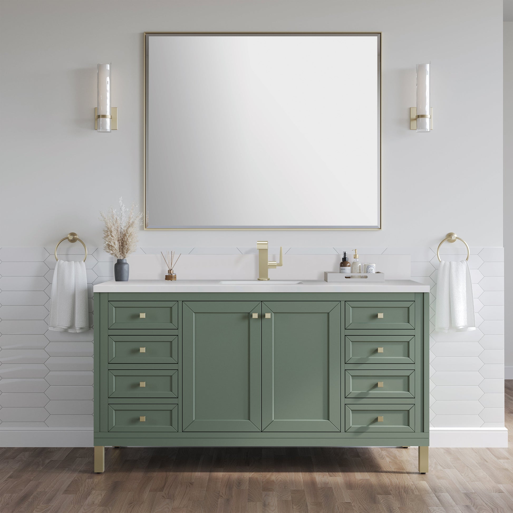 James Martin Vanities Chicago 60" Smokey Celadon Single Vanity With Single Hole 3 cm White Zeus Top & Backsplash