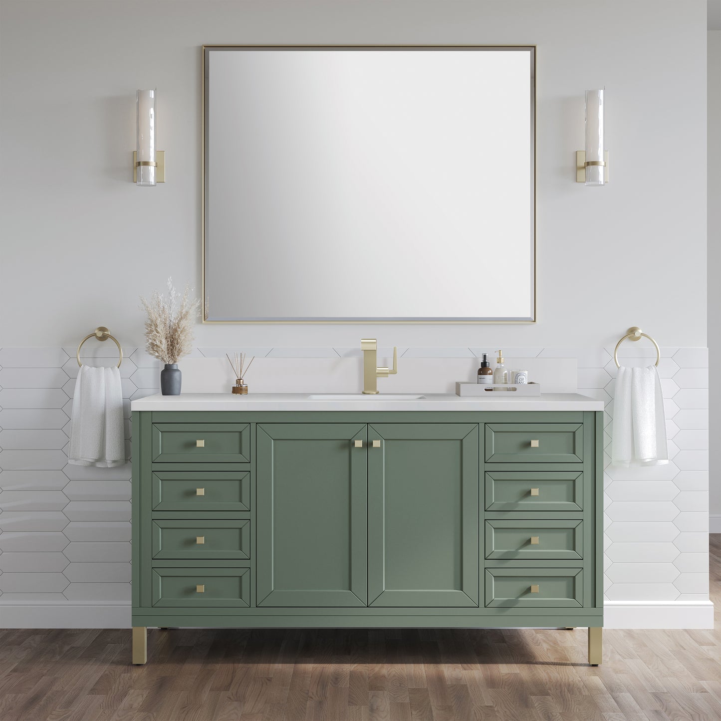 James Martin Vanities Chicago 60" Smokey Celadon Single Vanity With Single Hole 3cm White Zeus Silestone Top and Backsplash