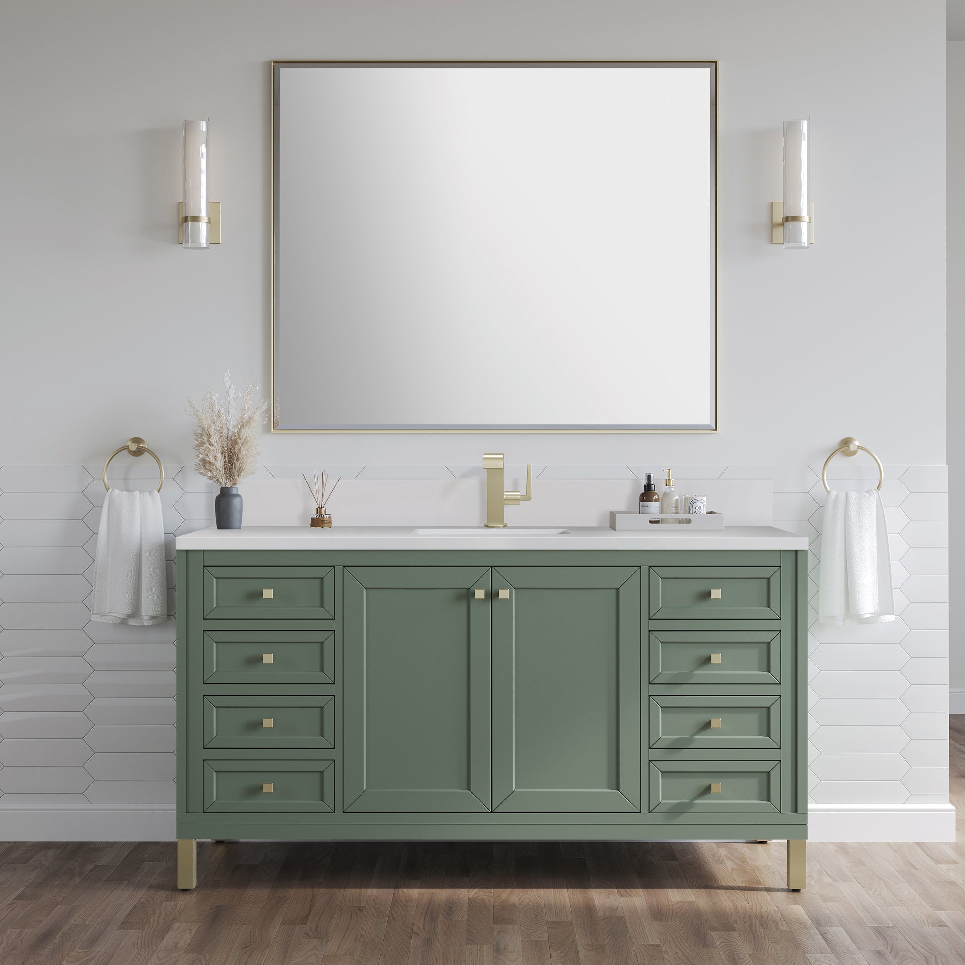 James Martin Vanities Chicago 60" Smokey Celadon Single Vanity With Single Hole 3cm White Zeus Silestone Top and Backsplash