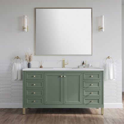 James Martin Vanities Chicago 60" Smokey Celadon Single Vanity With Single Hole 3cm White Zeus Silestone Top and Backsplash