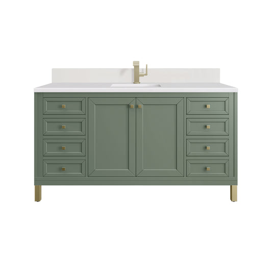 James Martin Vanities Chicago 60" Smokey Celadon Single Vanity With Single Hole 3cm White Zeus Silestone Top and Backsplash