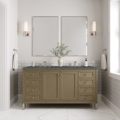 James Martin Vanities Chicago 60" Walnut Whisper Double Vanity With 3 cm Parisien Bleu Silestone Top