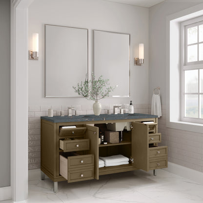 James Martin Vanities Chicago 60" Walnut Whisper Double Vanity With 3 cm Parisien Bleu Silestone Top