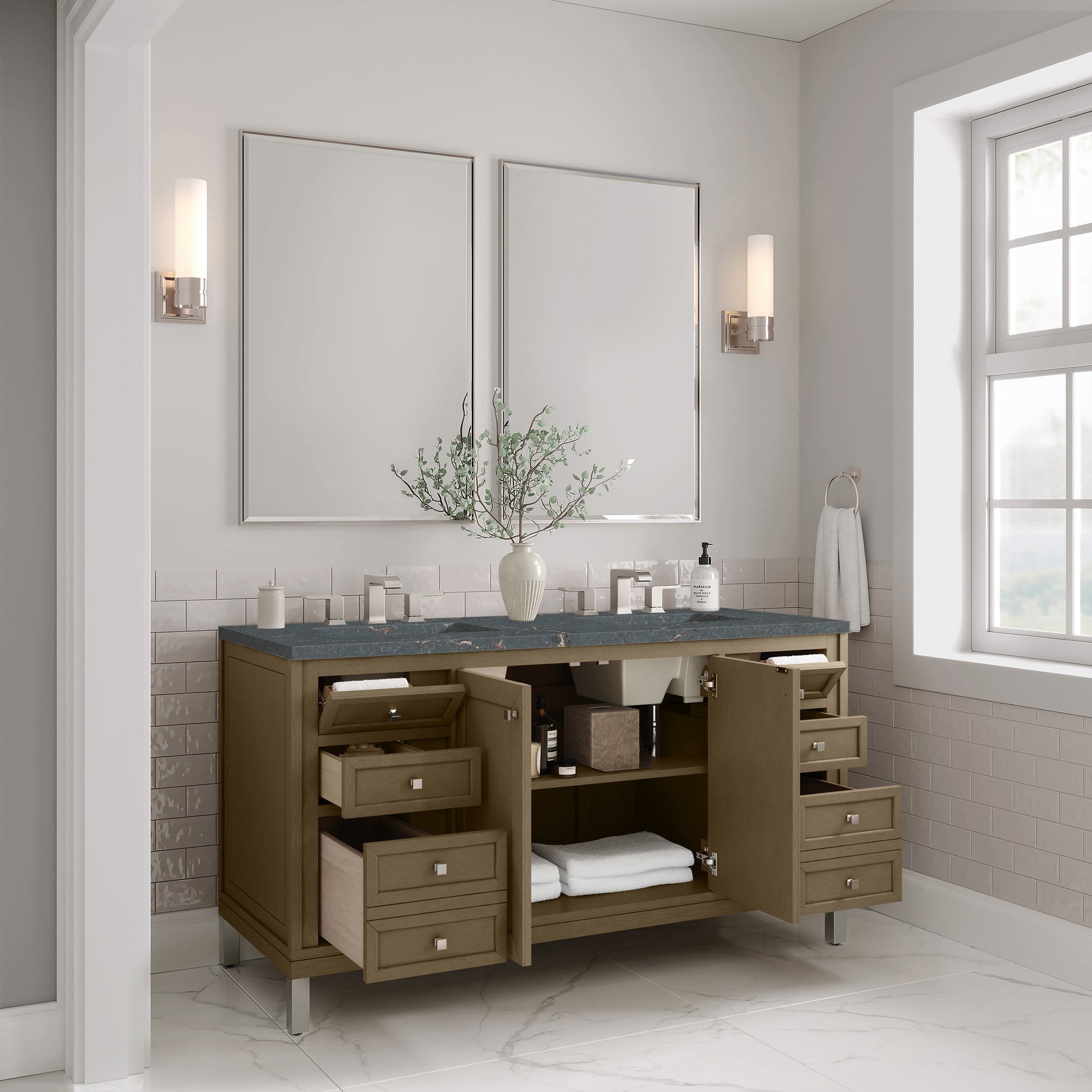 James Martin Vanities Chicago 60" Walnut Whisper Double Vanity With 3 cm Parisien Bleu Silestone Top and FreePower Wireless Charger