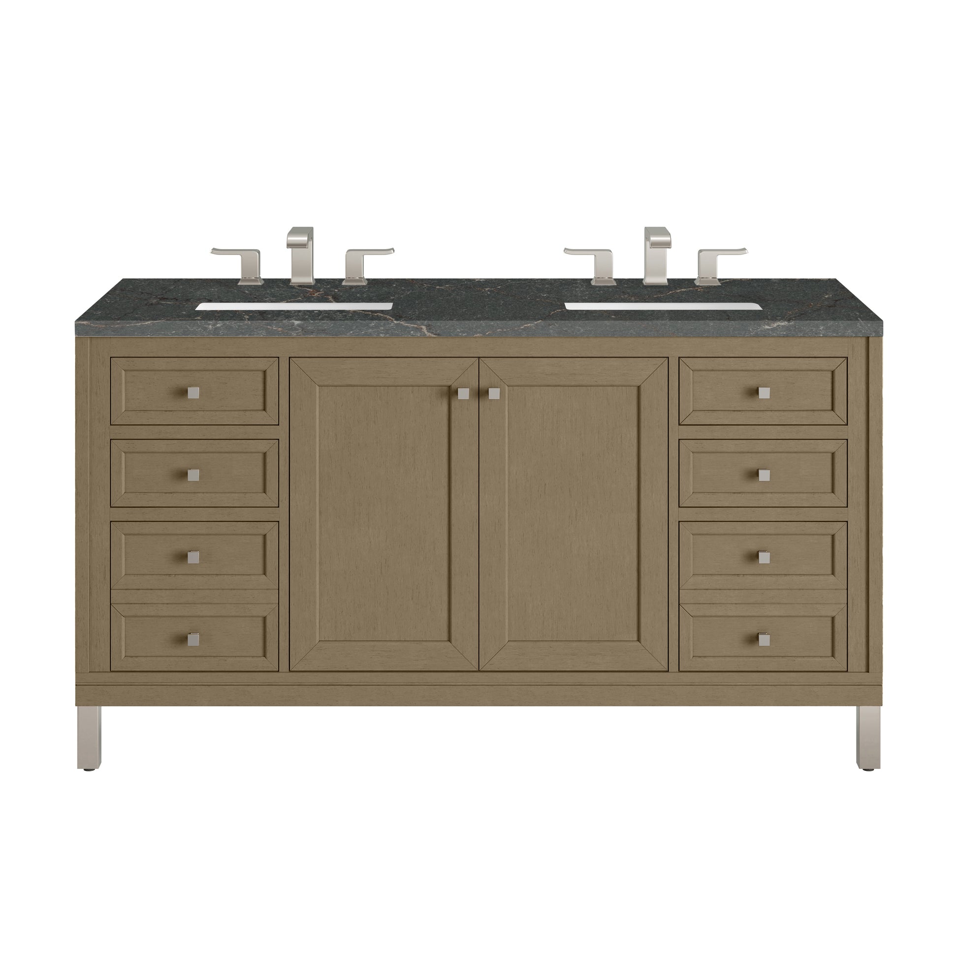 James Martin Vanities Chicago 60" Walnut Whisper Double Vanity With 3 cm Parisien Bleu Silestone Top and FreePower Wireless Charger