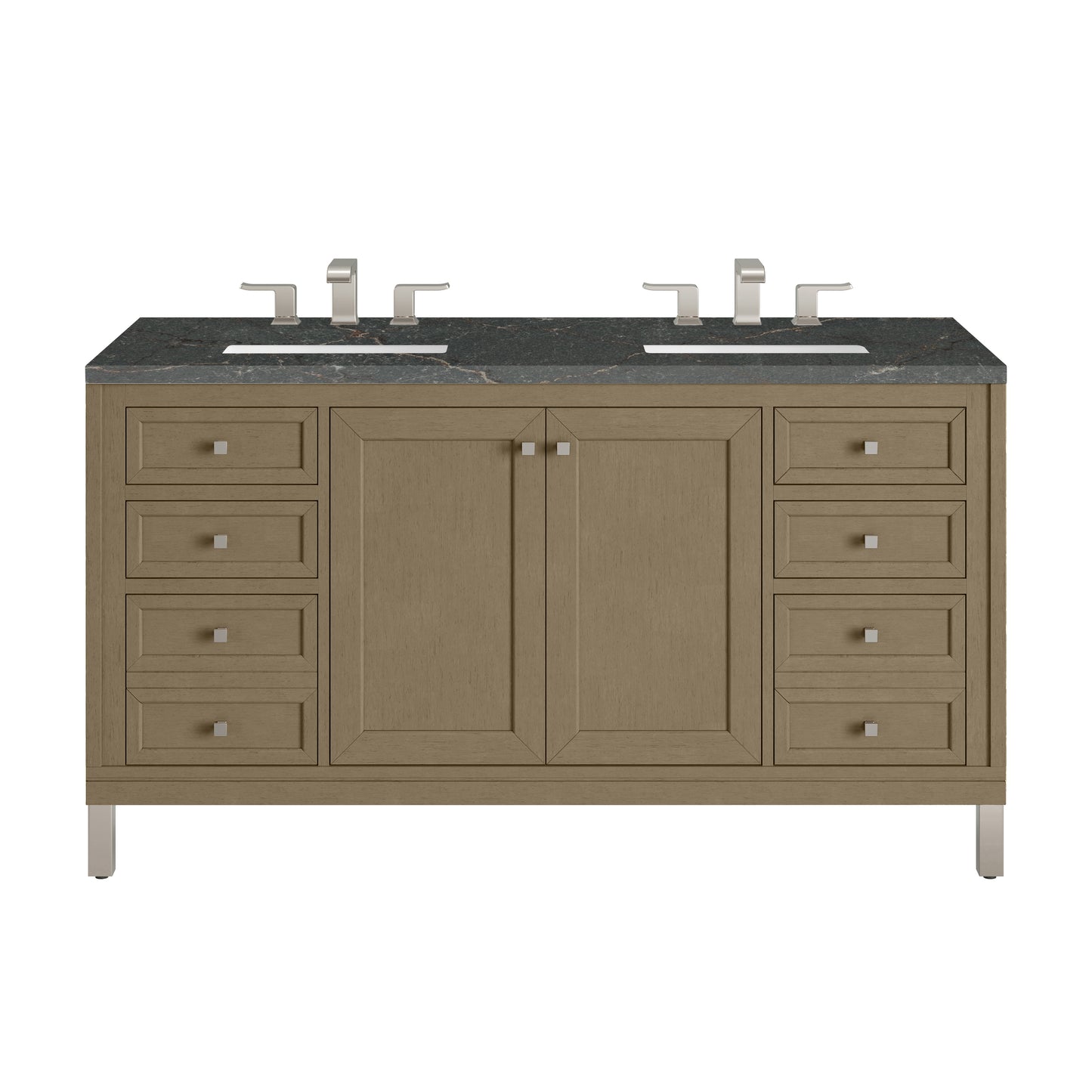 James Martin Vanities Chicago 60" Walnut Whisper Double Vanity With 3 cm Parisien Bleu Silestone Top