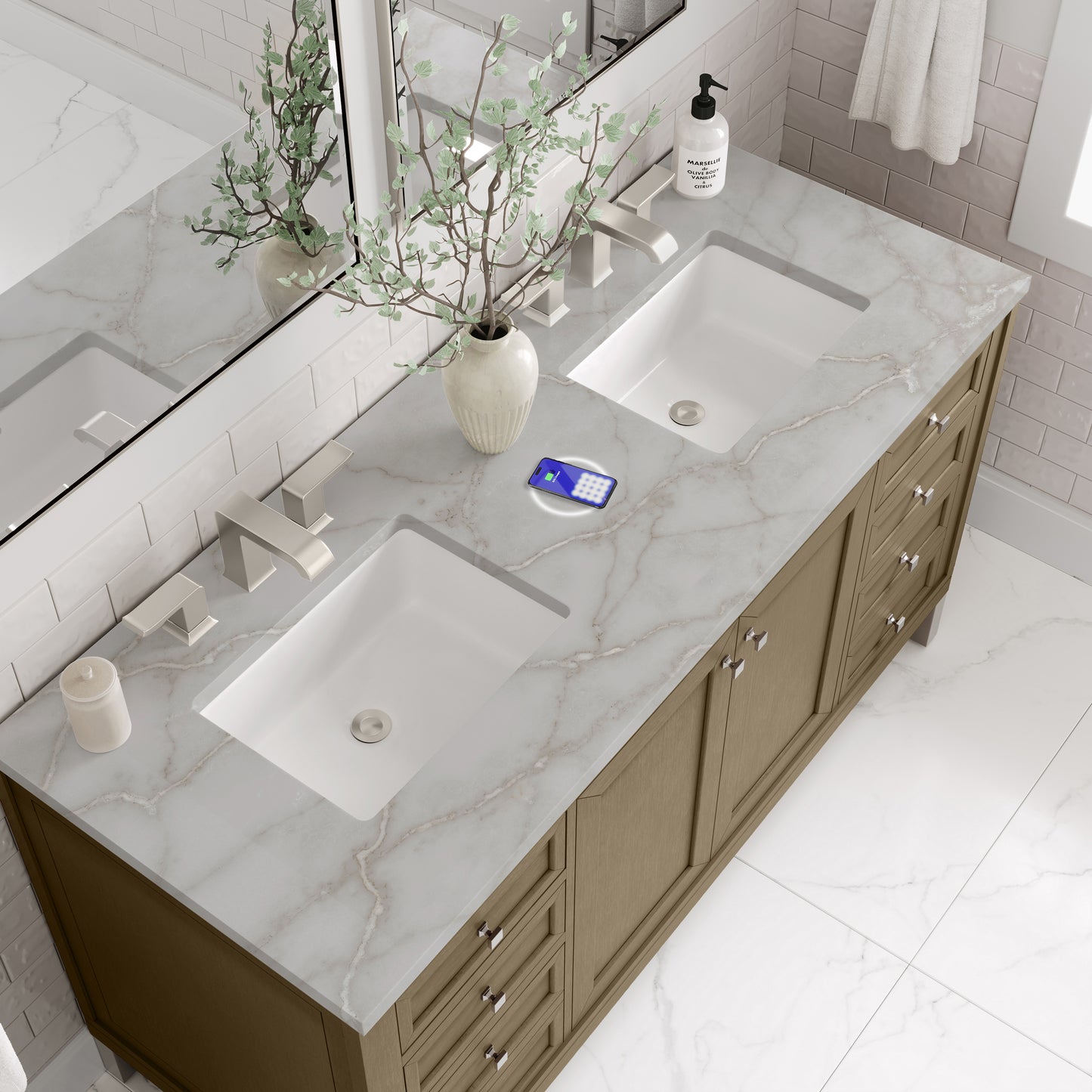 James Martin Vanities Chicago 60" Walnut Whisper Double Vanity With 3 cm Victorian Silver Silestone Top and FreePower Wireless Charger