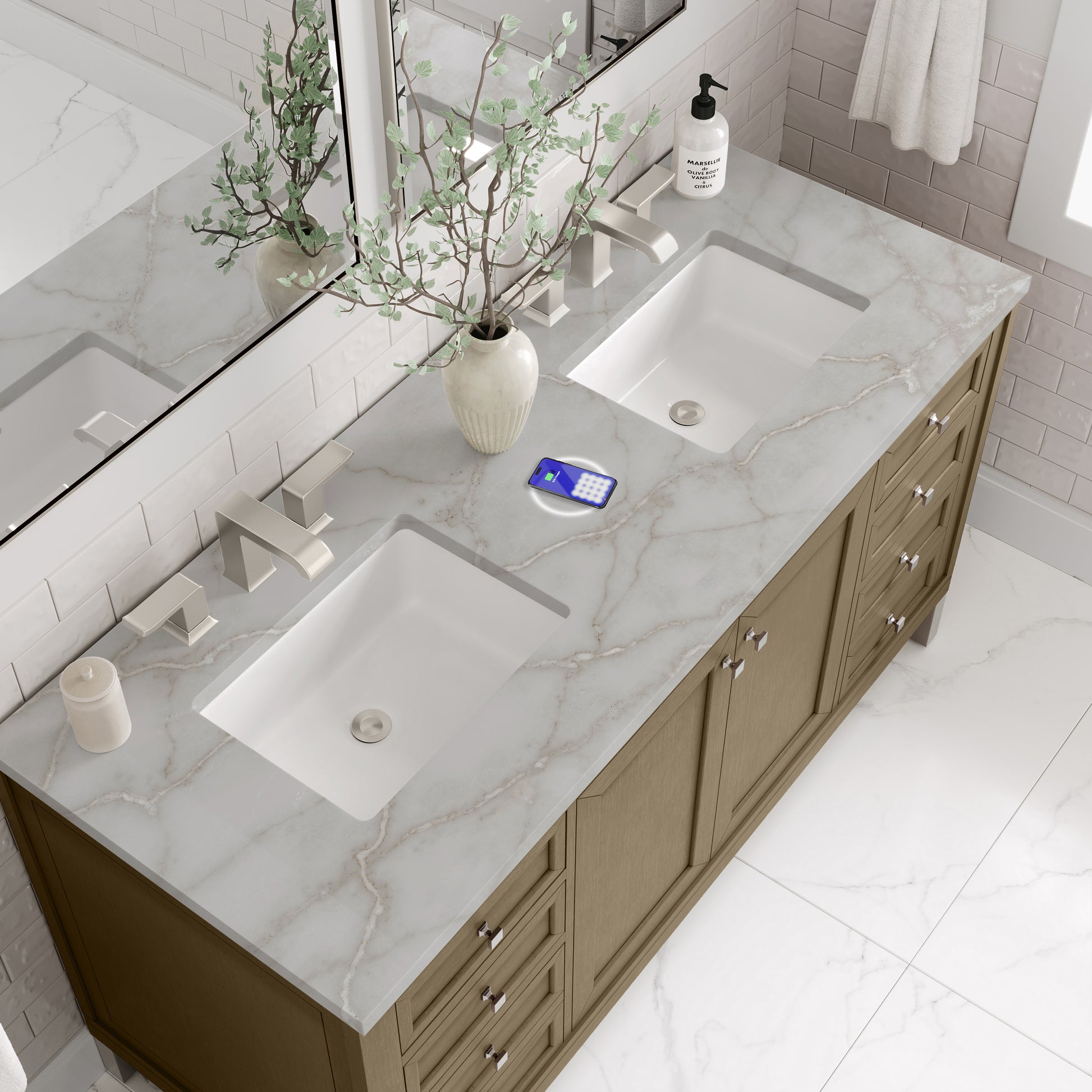 James Martin Vanities Chicago 60" Walnut Whisper Double Vanity With 3 cm Victorian Silver Silestone Top and FreePower Wireless Charger