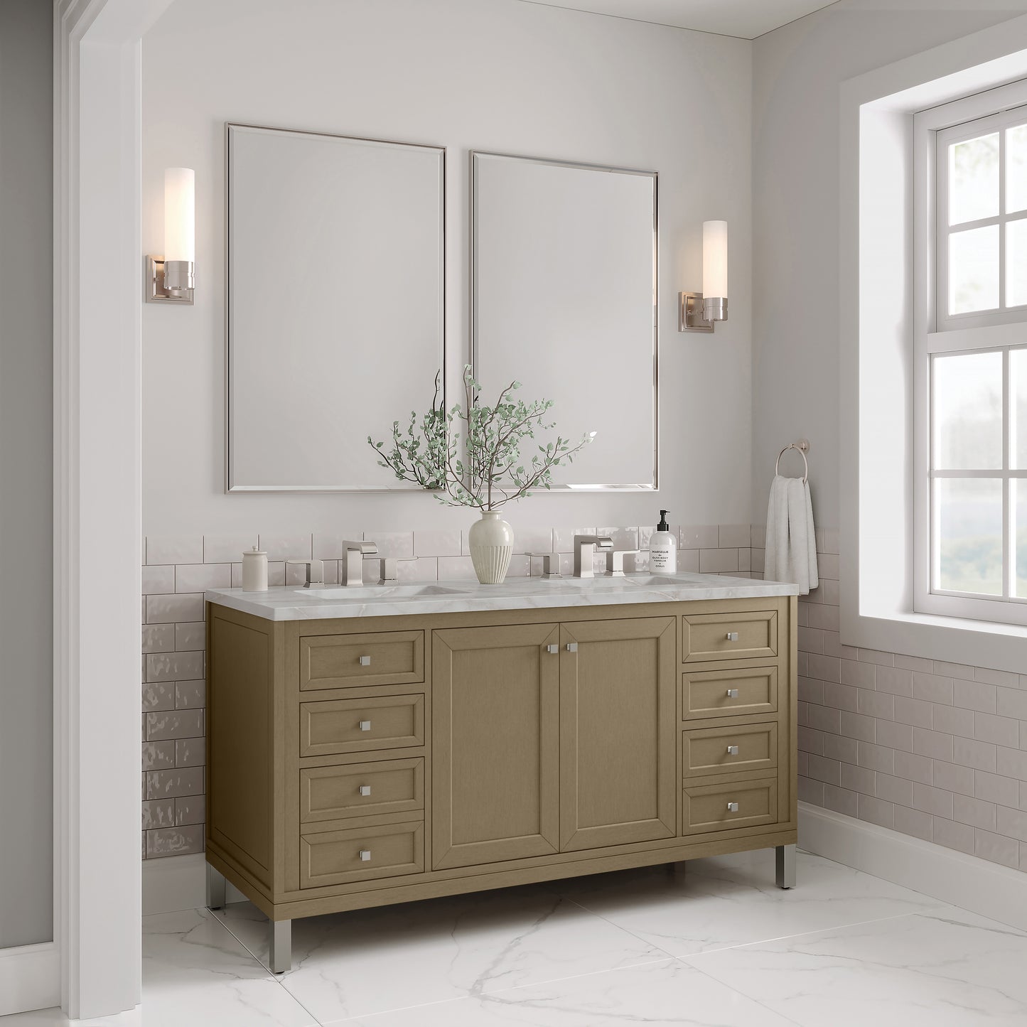 James Martin Vanities Chicago 60" Walnut Whisper Double Vanity With 3 cm Victorian Silver Silestone Top and FreePower Wireless Charger