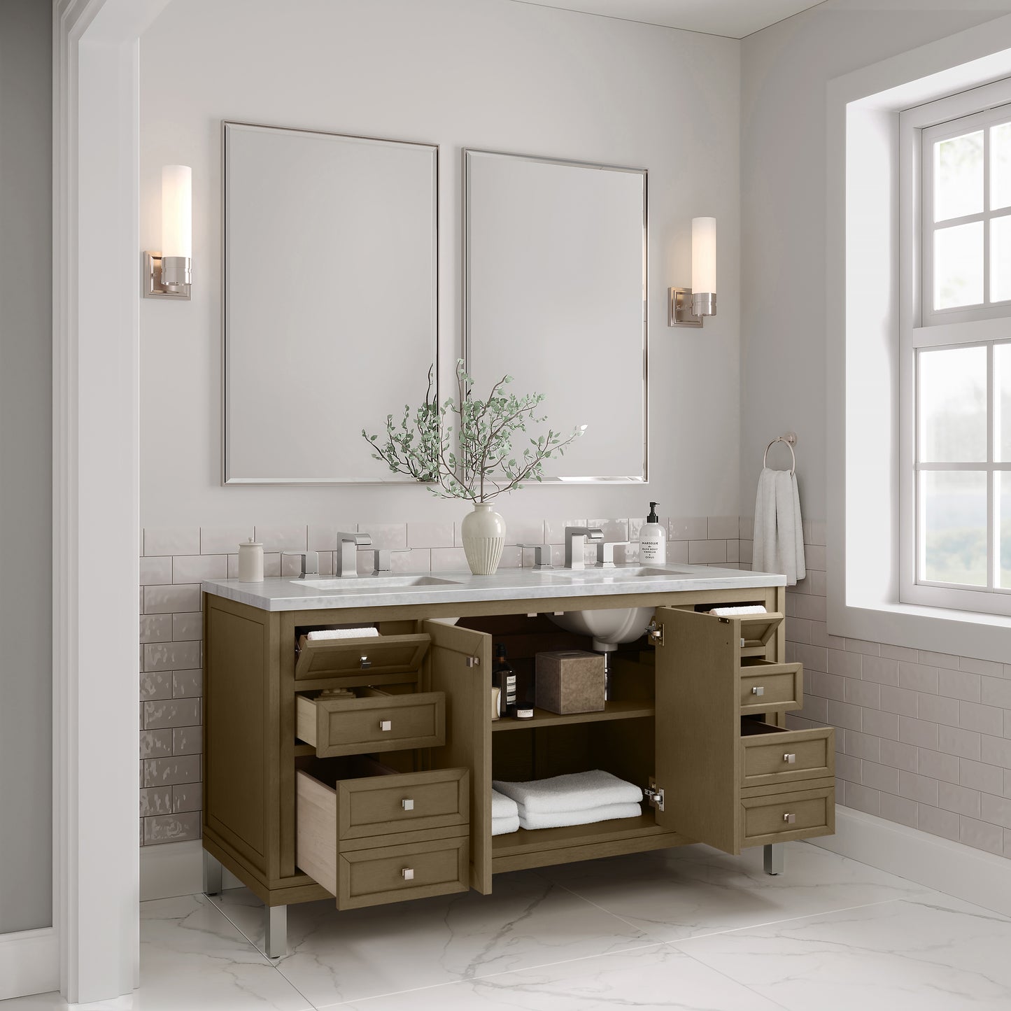 James Martin Vanities Chicago 60" Walnut Whisper Double Vanity With 3cm Arctic Fall Solid Surface Top