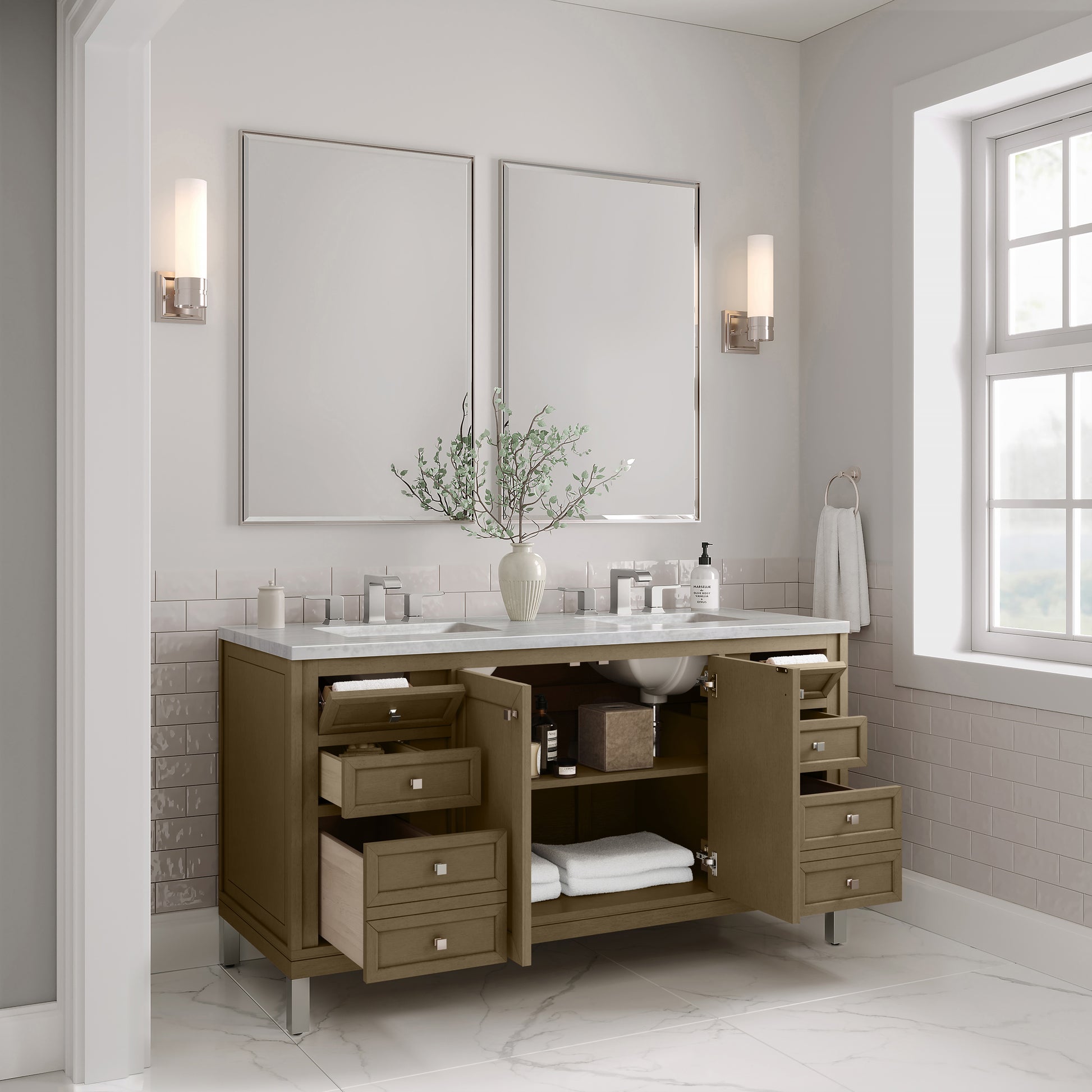 James Martin Vanities Chicago 60" Walnut Whisper Double Vanity With 3cm Arctic Fall Solid Surface Top