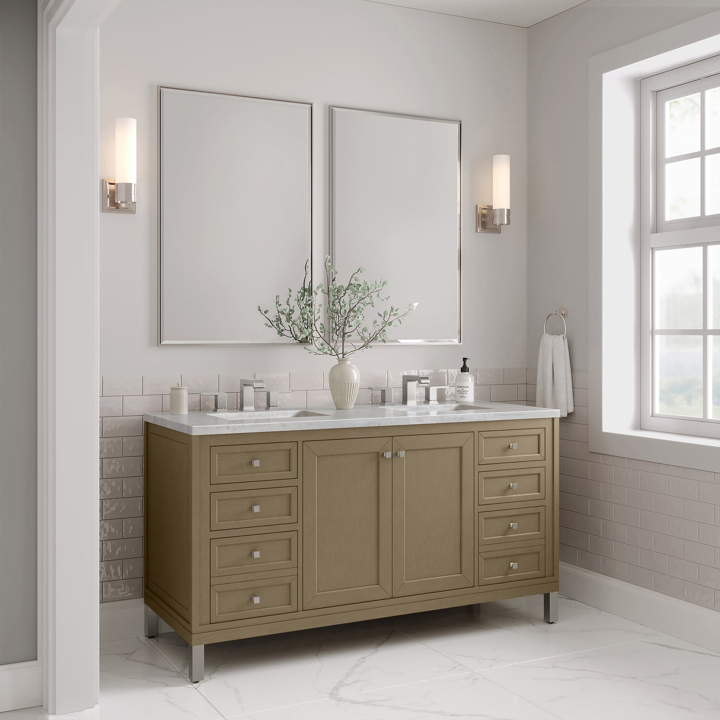 James Martin Vanities Chicago 60" Walnut Whisper Double Vanity With 3cm Arctic Fall Solid Surface Top